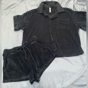 Women’s Fabletics Terry Island Black Velour Shirt and Shorts Lounge Set
